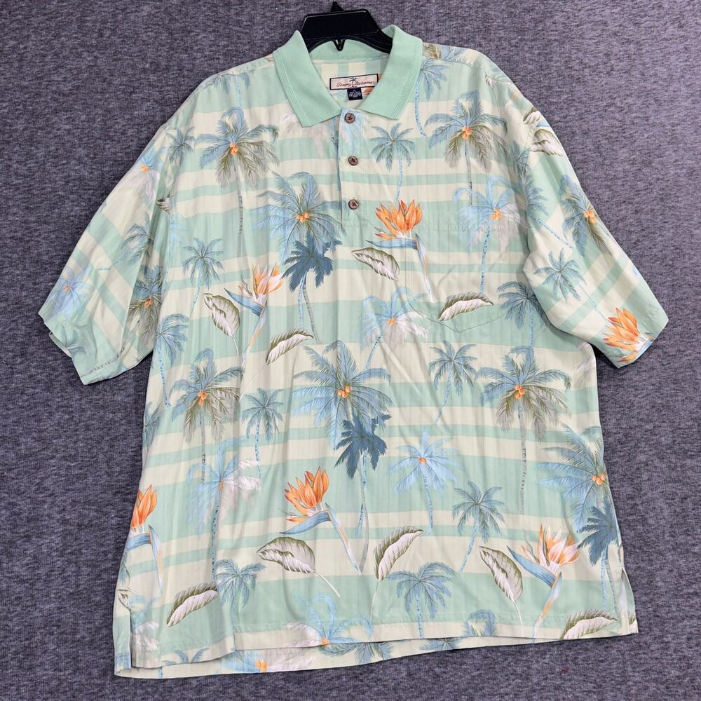 Tommy Bahama Silk Polo Shirt Mens XL Hawaiian Floral Print Vintage Blue